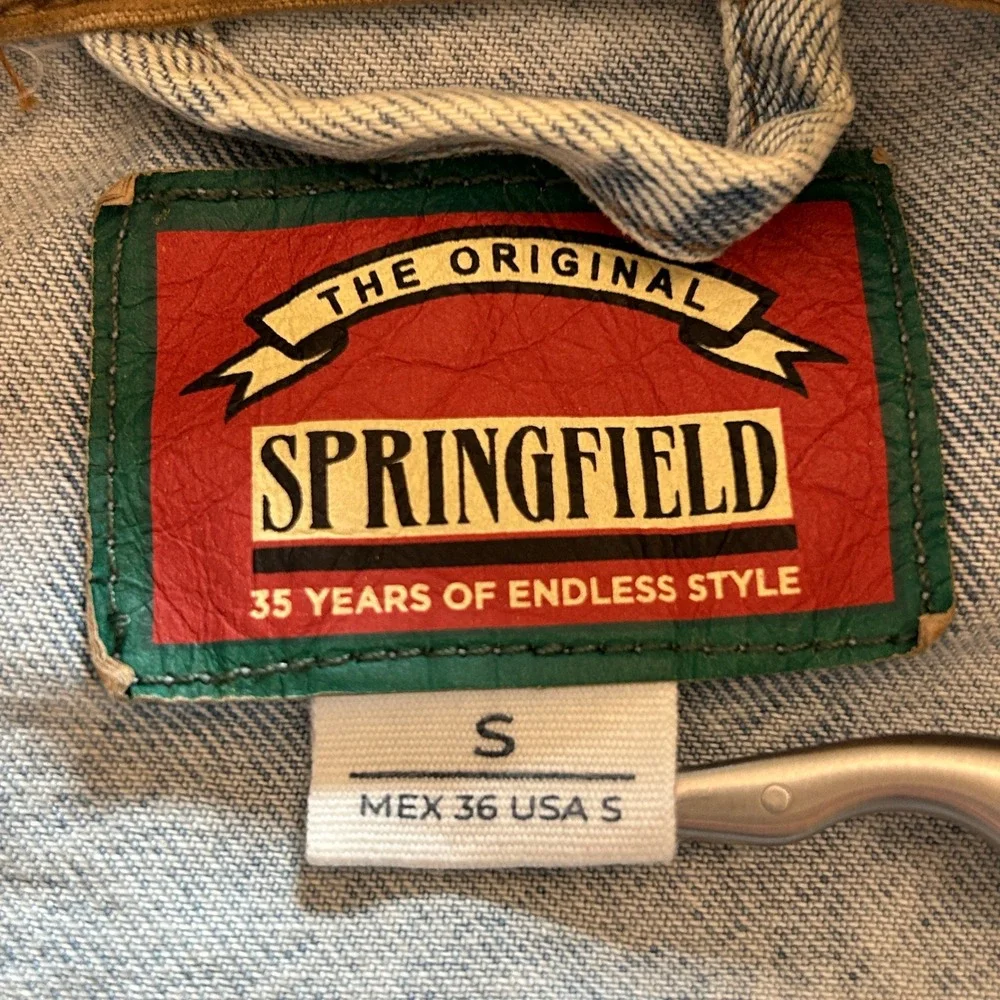 VTG Springfield Denim Jacket S Light Wash Corduroy Collar Patch Trucker Jacket